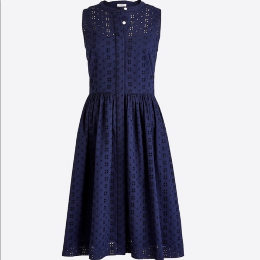 J. Crew Eyelet Pleated Dress in Navy Blue
